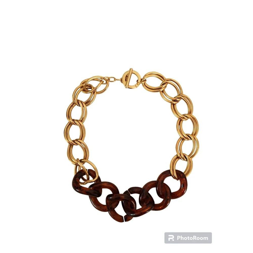 Chunky Link Chain Necklace Statement Vintage Estate Faux Tortoise Shell Lucite